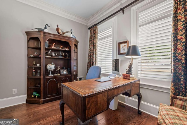 office area featuring dark hardwood / wood-style flooring and crown molding