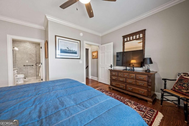 bedroom featuring ensuite bath, ceiling fan, ornamental molding, and dark hardwood / wood-style floors