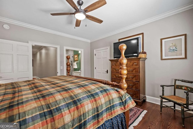 bedroom with connected bathroom, ceiling fan, crown molding, and dark hardwood / wood-style floors