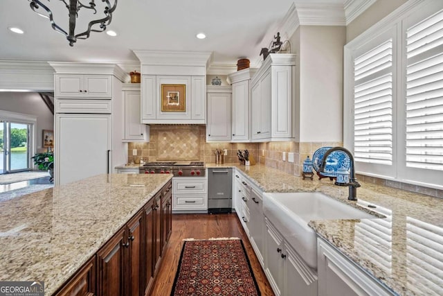 kitchen featuring light stone counters, dark wood-type flooring, backsplash, and white cabinets