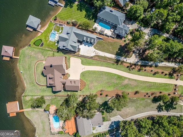 aerial view featuring a water view