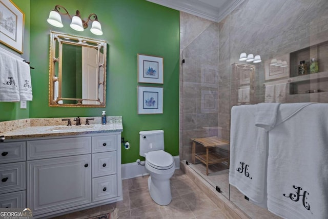 bathroom with toilet, tile patterned flooring, an enclosed shower, ornamental molding, and vanity