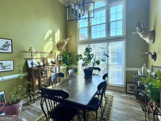 dining room with hardwood / wood-style flooring, a towering ceiling, and a chandelier