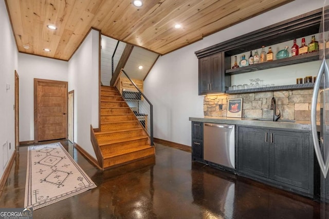 bar with sink, dishwashing machine, tasteful backsplash, wooden ceiling, and dark brown cabinetry