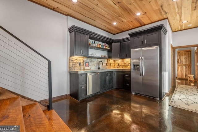 bar with wooden ceiling, tasteful backsplash, stainless steel appliances, and sink