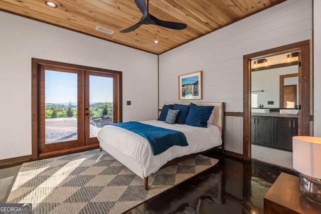 bedroom featuring ceiling fan, ensuite bathroom, wood ceiling, access to outside, and french doors