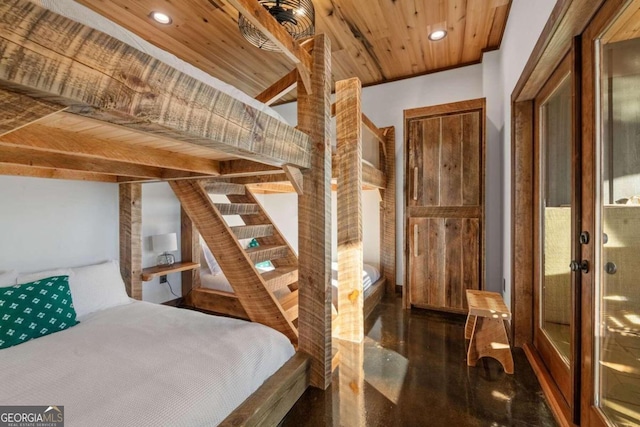 unfurnished bedroom featuring wooden ceiling and dark wood-type flooring