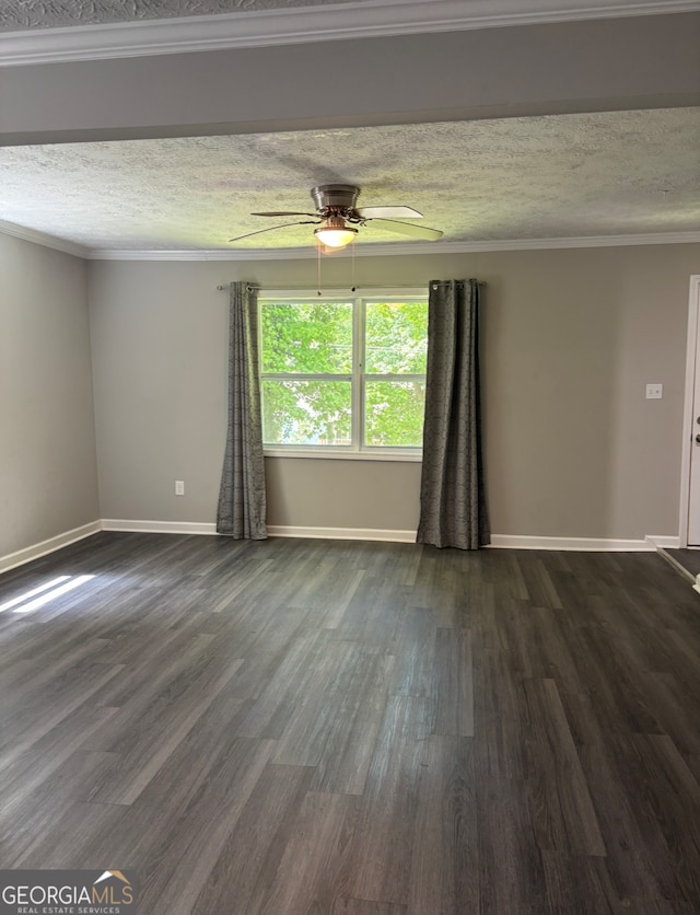 spare room featuring crown molding, ceiling fan, a textured ceiling, and dark hardwood / wood-style flooring