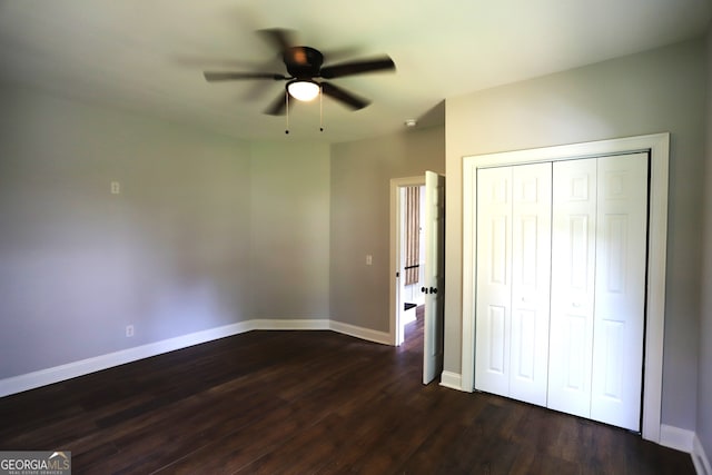 unfurnished bedroom with a closet, ceiling fan, and hardwood / wood-style floors