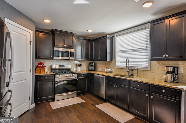 kitchen with dark hardwood / wood-style floors, sink, stainless steel appliances, and tasteful backsplash