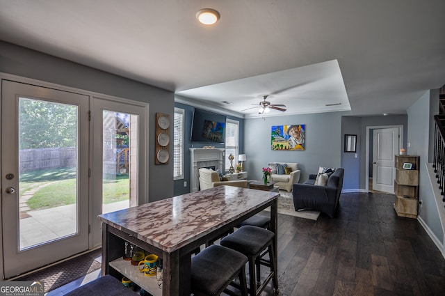 dining room with ceiling fan, dark wood-type flooring, and plenty of natural light