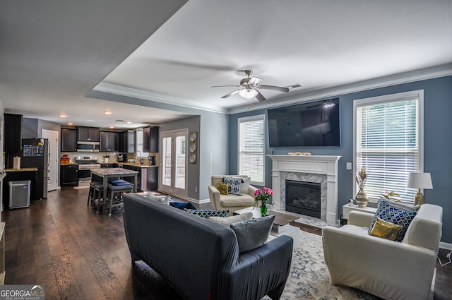 living room with ceiling fan, a high end fireplace, dark wood-type flooring, sink, and ornamental molding