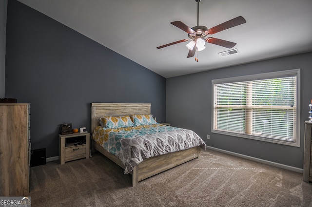 bedroom featuring carpet flooring, ceiling fan, and vaulted ceiling