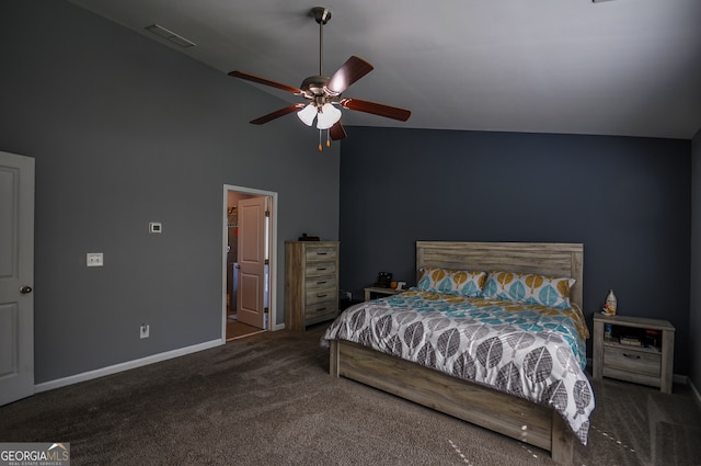 bedroom featuring ceiling fan, high vaulted ceiling, and dark carpet