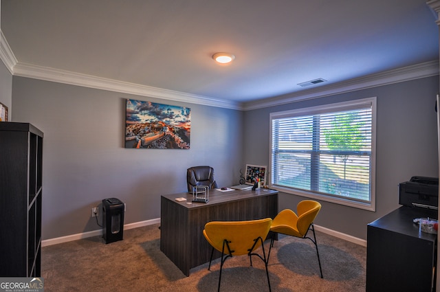 office area featuring dark carpet and crown molding