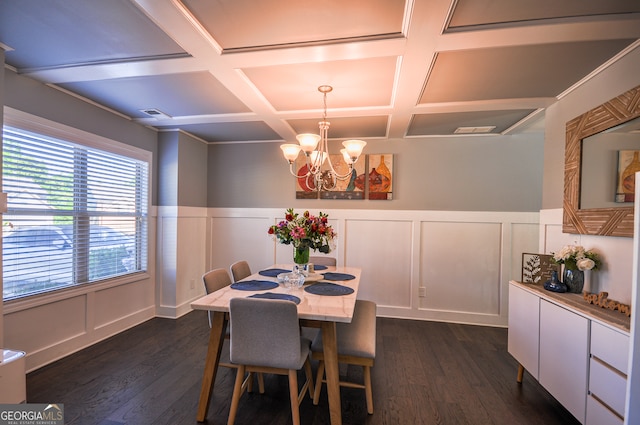 dining room with dark hardwood / wood-style floors, coffered ceiling, and a chandelier