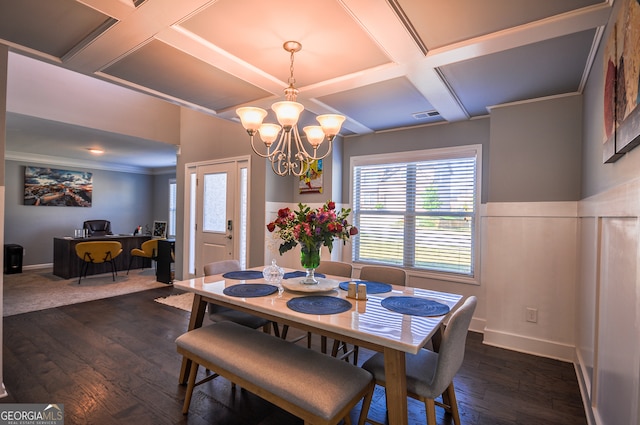 dining area featuring dark wood-type flooring, coffered ceiling, and a chandelier