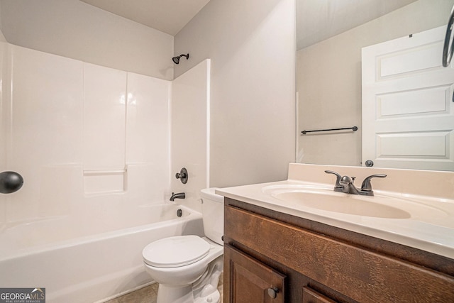 full bathroom with shower / bathing tub combination, vanity, and toilet