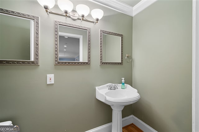 bathroom with crown molding and hardwood / wood-style flooring