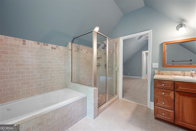 bathroom featuring separate shower and tub, tile floors, vanity, and lofted ceiling