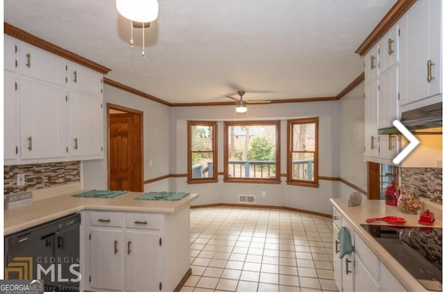 kitchen featuring white cabinetry, tasteful backsplash, ceiling fan, and light tile flooring