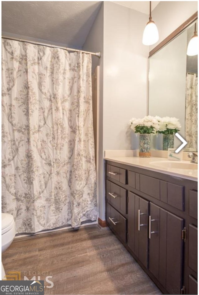 bathroom with oversized vanity, toilet, and hardwood / wood-style flooring