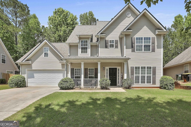 view of front of house with a front yard, a garage, and covered porch