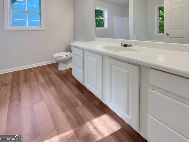 bathroom with hardwood / wood-style floors, plenty of natural light, toilet, and large vanity