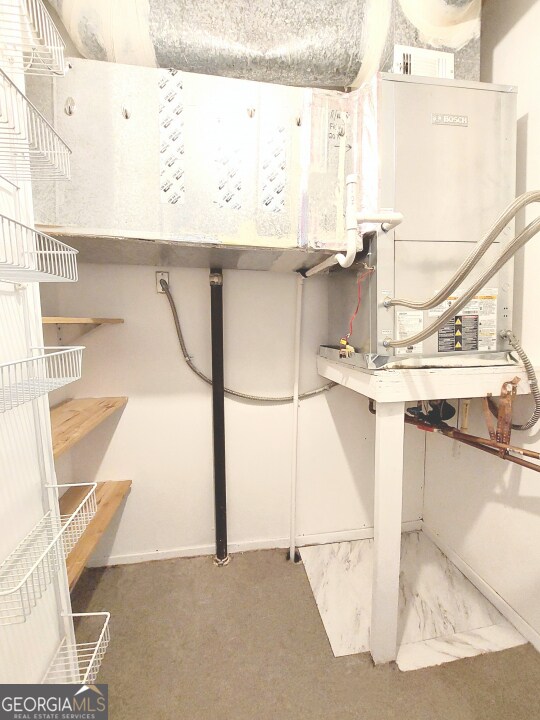 interior space featuring water heater and carpet floors