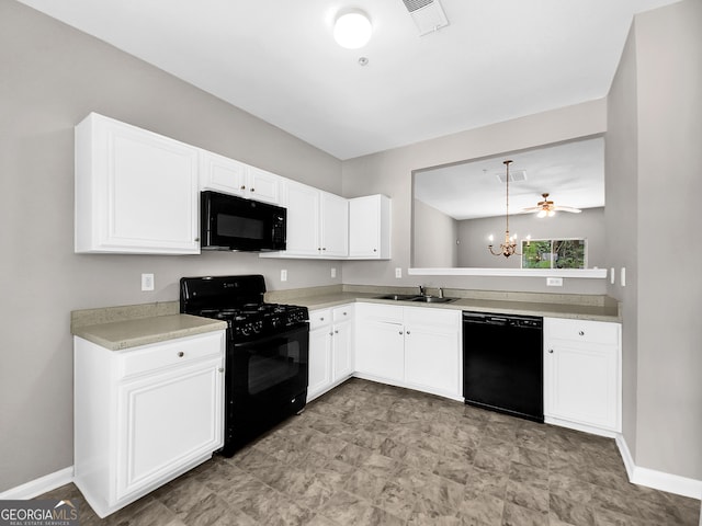 kitchen with light tile floors, white cabinets, sink, ceiling fan with notable chandelier, and black appliances