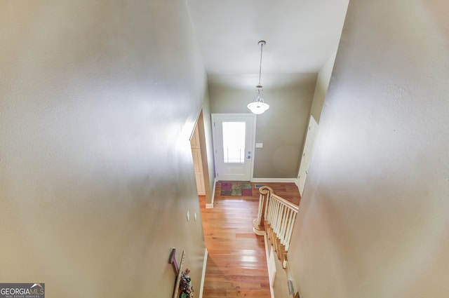 stairway featuring wood-type flooring