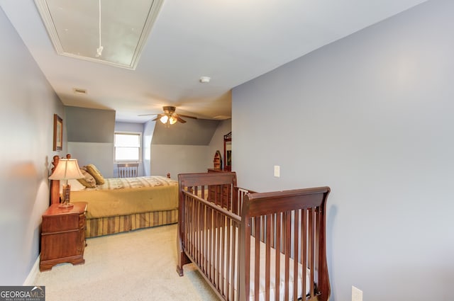 carpeted bedroom with ceiling fan