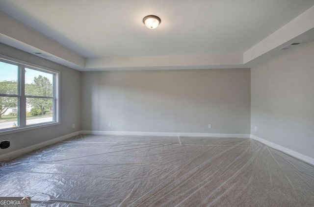 carpeted empty room featuring a tray ceiling