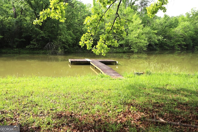 view of yard featuring a dock and a water view