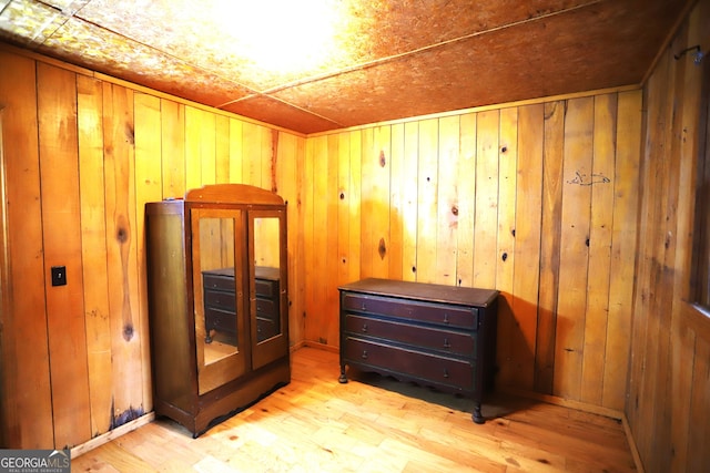 interior space featuring wood walls and light hardwood / wood-style floors