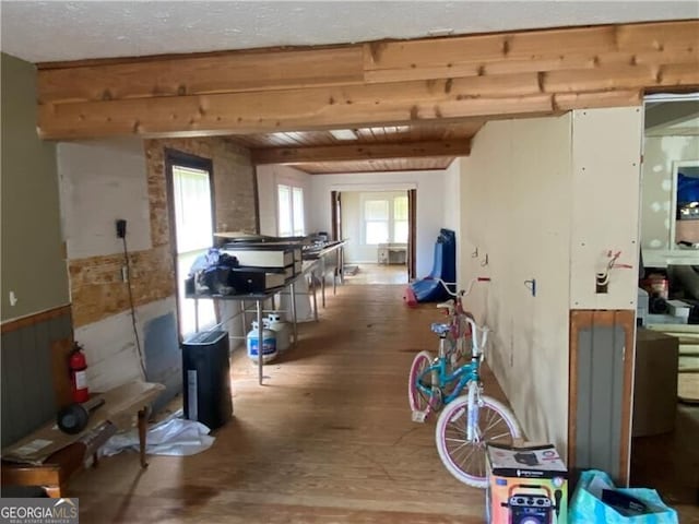 miscellaneous room featuring wood-type flooring, plenty of natural light, and a textured ceiling