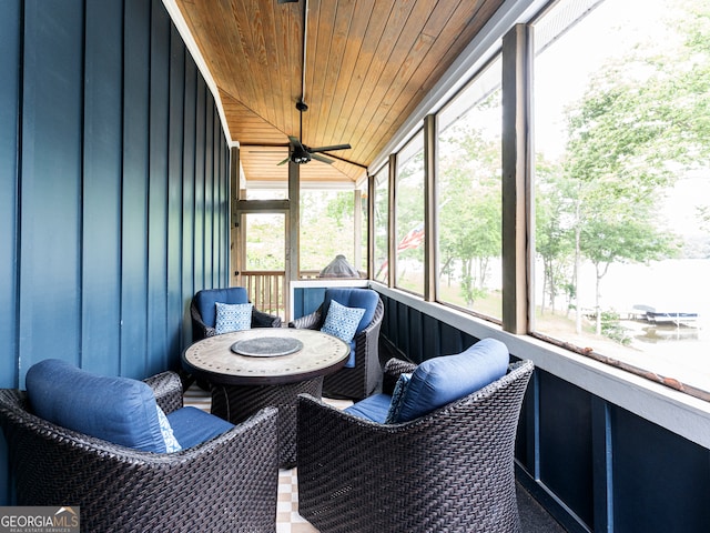 sunroom featuring wood ceiling and ceiling fan