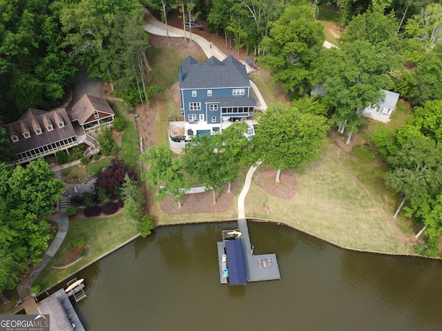 aerial view featuring a water view