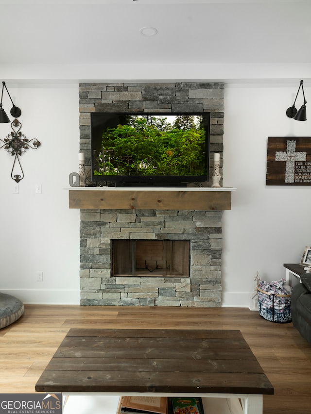 room details with hardwood / wood-style flooring and a fireplace