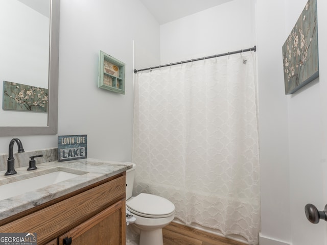 bathroom featuring hardwood / wood-style flooring, toilet, and vanity