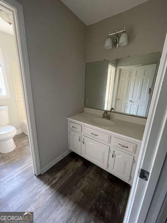 bathroom with wood-type flooring, vanity, and toilet