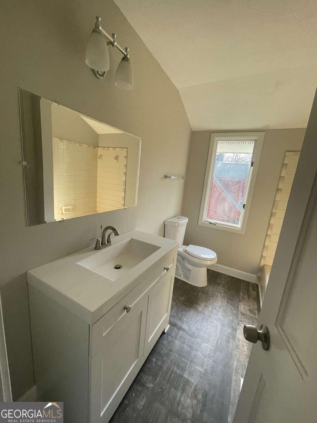 bathroom with a textured ceiling, vaulted ceiling, toilet, and vanity