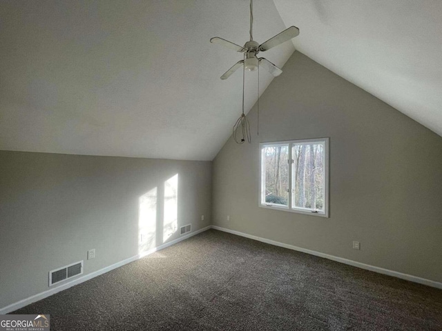 bonus room featuring vaulted ceiling, ceiling fan, and carpet flooring