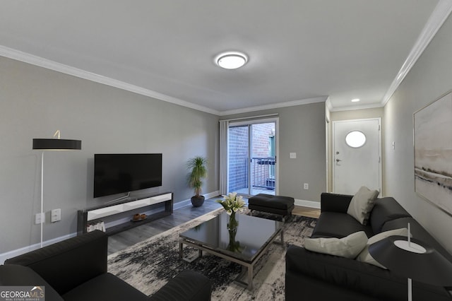 living room featuring crown molding and wood-type flooring