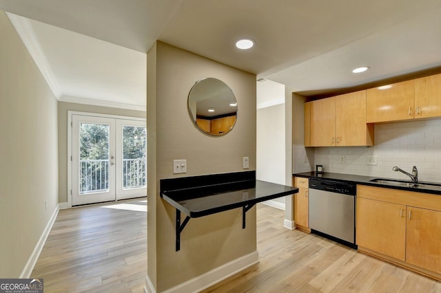 kitchen featuring french doors, dishwasher, sink, and light brown cabinetry