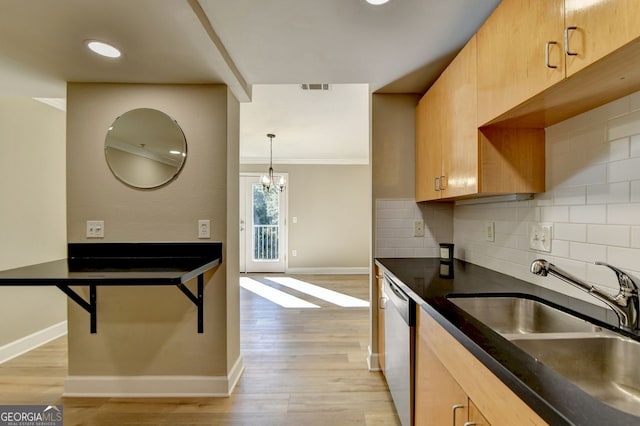 kitchen featuring sink, backsplash, hanging light fixtures, a chandelier, and stainless steel dishwasher