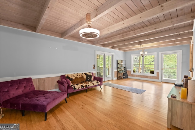 living room featuring beam ceiling, wood ceiling, and wood-type flooring