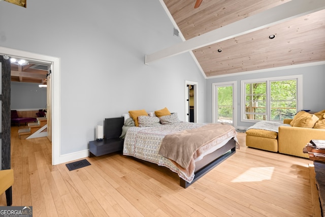 bedroom featuring high vaulted ceiling, beam ceiling, light hardwood / wood-style floors, and wood ceiling