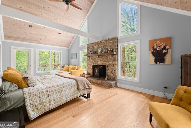 bedroom with wooden ceiling, light hardwood / wood-style floors, ceiling fan, and a fireplace