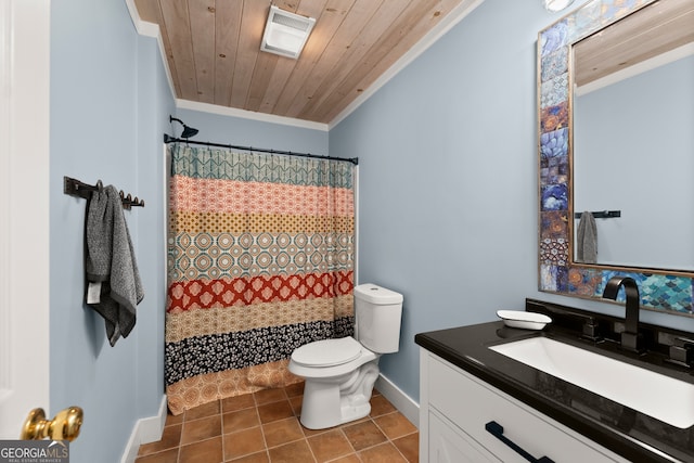 bathroom featuring vanity, tile floors, ornamental molding, toilet, and wooden ceiling